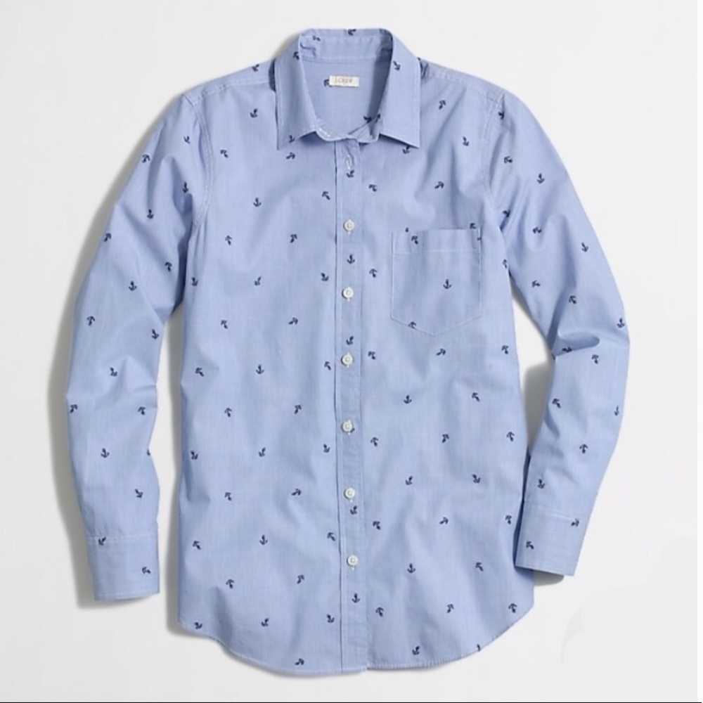 Embroidered end on end anchor blue button up